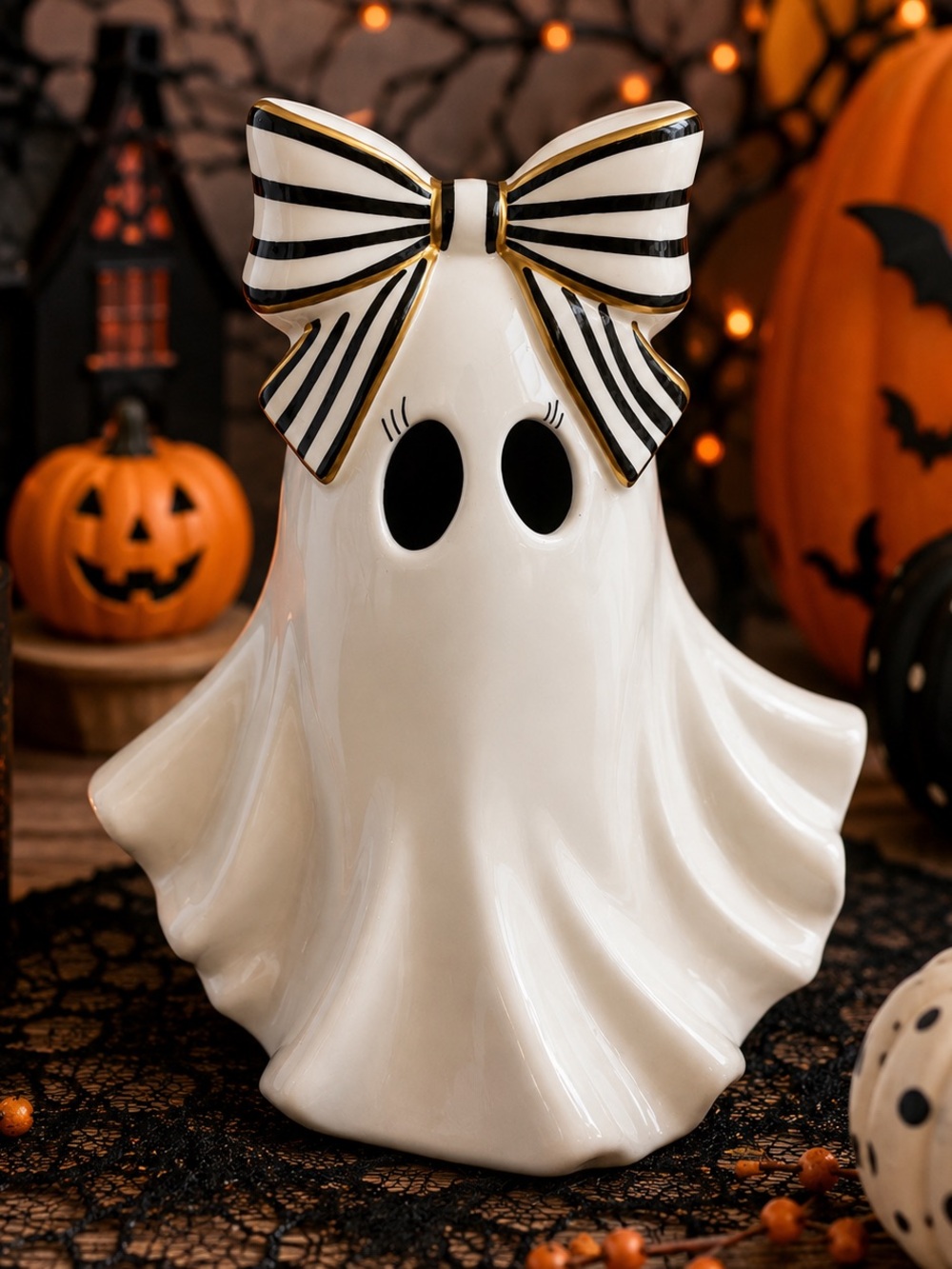 Ceramic Ghost Figurine with Striped Bow - White 10in lights up
